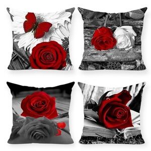 🟢 SALE! NWOT Set of 4 Red and Black Rose Accent Pillow Covers